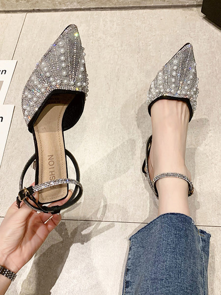 Naiste terava otsaga sandaalid pandla pärlite ja dekoratiivkividega