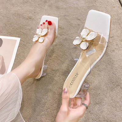 Paksu kontsaga ja läbipaistva osaga 3D kaunistusega naiste sussid