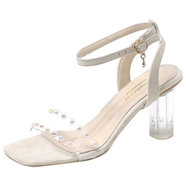Γυναικεία τετράγωνα σανδάλια με ψηλά τακούνια και διαφανές μέρος με πέρλες