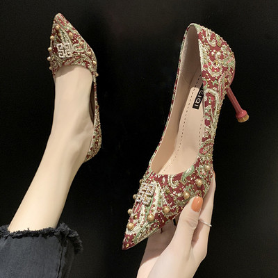 8 cm kontsaga, kividest ja pärlitest kaunistusega kirjud naiste kingad - teravatipulised