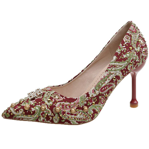 8 cm kontsaga, kividest ja pärlitest kaunistusega kirjud naiste kingad - teravatipulised