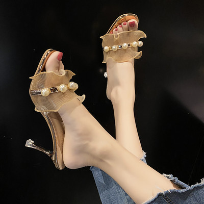 Γυναικείες παντόφλες με πέρλες και τούλι - τακούνι 8 cm