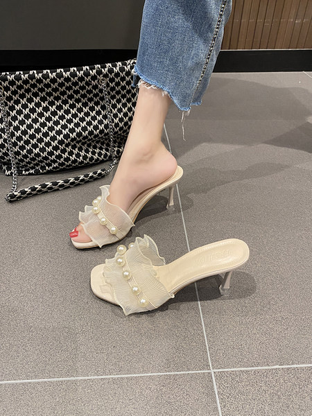 Γυναικείες παντόφλες με πέρλες και τούλι - τακούνι 8 cm