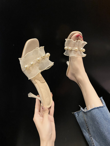 Γυναικείες παντόφλες με πέρλες και τούλι - τακούνι 8 cm