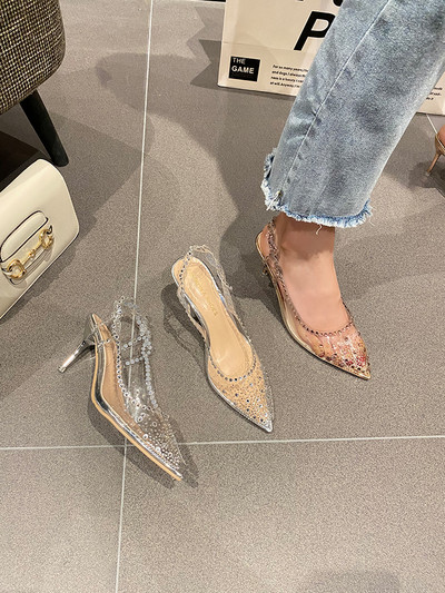 Прозрачни дамски обувки с камъни - заострен модел