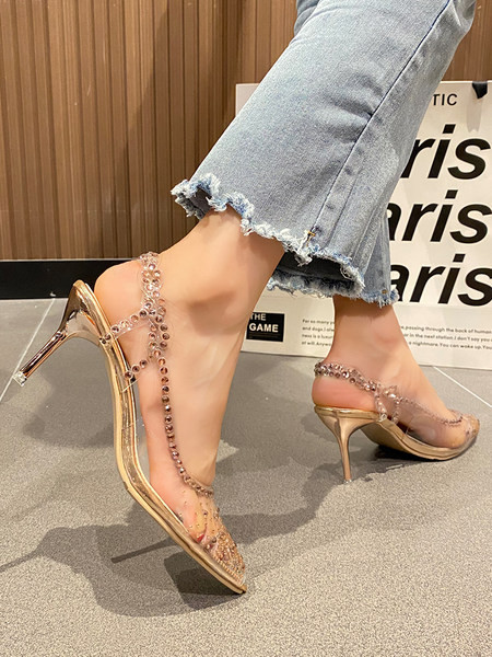 Διαφανά γυναικεία παπούτσια με διακοσμητικές πέτρες - μυτερό  μοντέλο