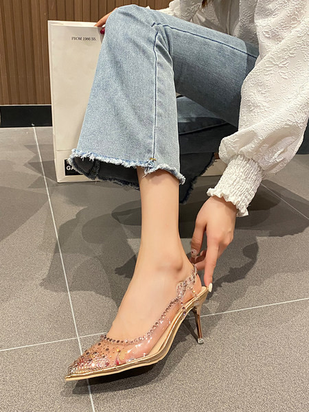 Διαφανά γυναικεία παπούτσια με διακοσμητικές πέτρες - μυτερό  μοντέλο