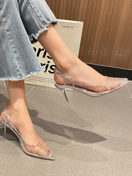 Διαφανά γυναικεία παπούτσια με διακοσμητικές πέτρες - μυτερό  μοντέλο