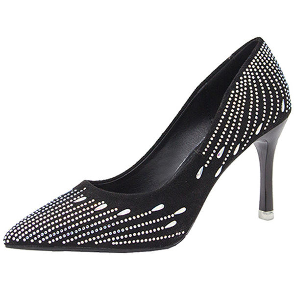 Elegantsed satiinist naistekingad läikivate kivikestega ja 8 cm kontsaga