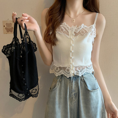 Short women`s lace tank top with thin straps
