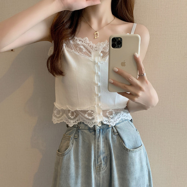 Lühike peenikeste rihmadega naiste pitsiline topp