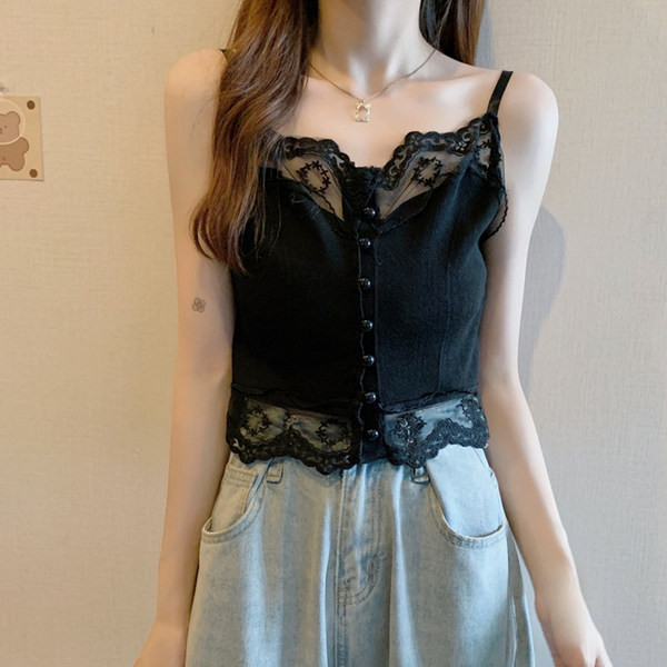 Lühike peenikeste rihmadega naiste pitsiline topp