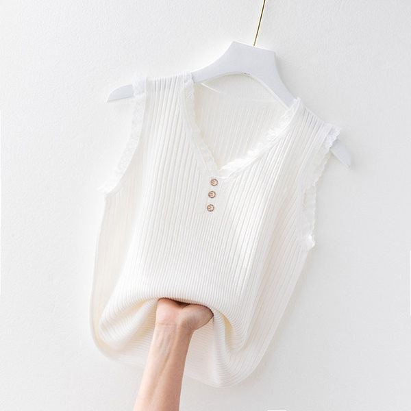 Γυναικεία αμάνικη μπλούζα με κουμπιά και δαντέλα