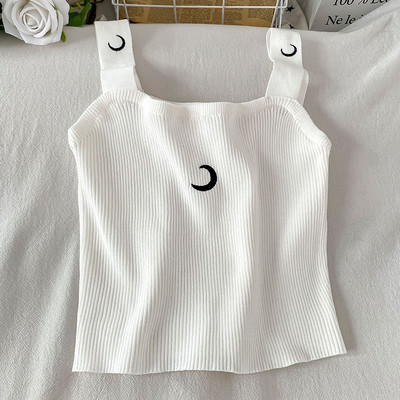 Γυναικείο φανελάκι λεπτό πλεκτό με κεντημένες επιγραφές και τιράντες