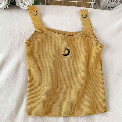 Γυναικείο φανελάκι λεπτό πλεκτό με κεντημένες επιγραφές και τιράντες