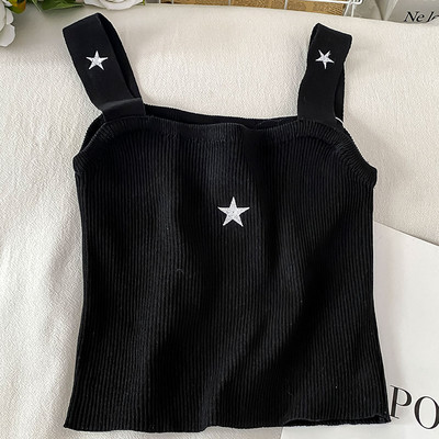 Γυναικείο φανελάκι λεπτό πλεκτό με κεντημένες επιγραφές και τιράντες