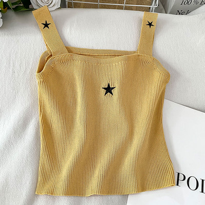 Γυναικείο φανελάκι λεπτό πλεκτό με κεντημένες επιγραφές και τιράντες