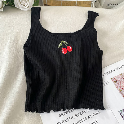 Γυναικείο φανελάκι λεπτό πλεκτό με κεντημένες επιγραφές και τιράντες