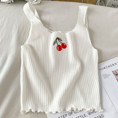 Γυναικείο φανελάκι λεπτό πλεκτό με κεντημένες επιγραφές και τιράντες