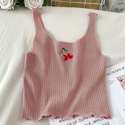 Γυναικείο φανελάκι λεπτό πλεκτό με κεντημένες επιγραφές και τιράντες