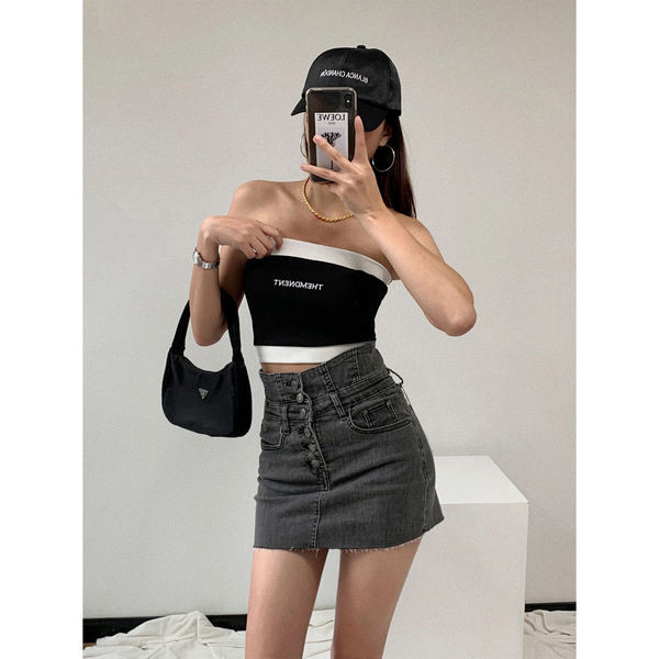 Naiste lühike rinnasärk musta tikandiga