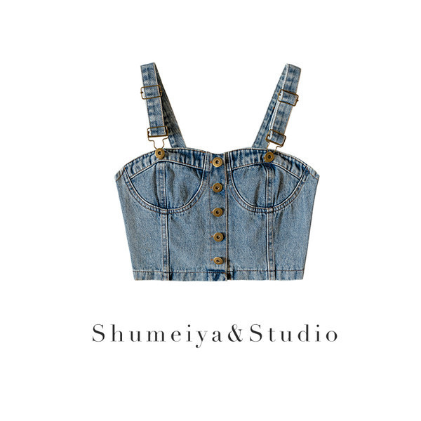 Γυναικείο τζιν μπουστάκι με κουμπιά και τιραντάκια σε δύο χρώματα