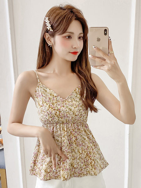 Õhukeste rihmade ja mitmes värvitoonis lillemustriga naiste topp