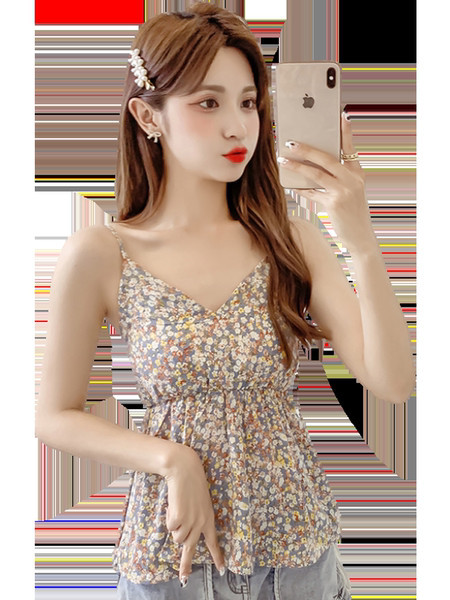 Õhukeste rihmade ja mitmes värvitoonis lillemustriga naiste topp