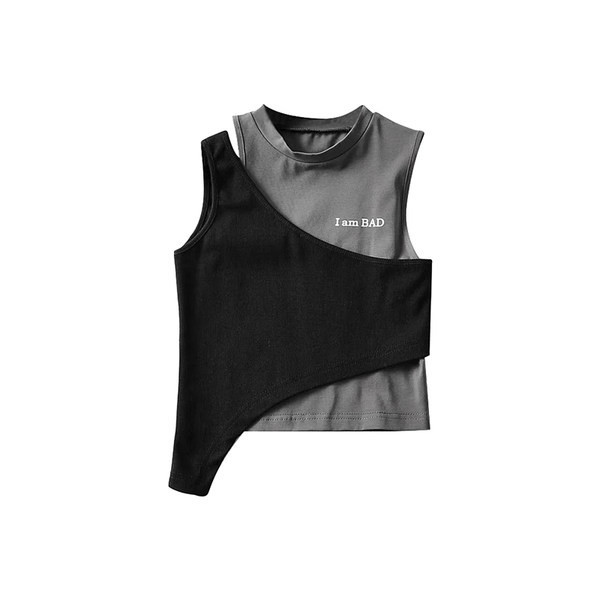 Asümmeetriline naiste topp tikandi ja ümara kaelusega