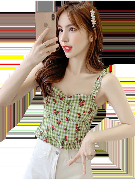 Γυναικεία καρό αμάνικη μπλούζα με λουλουδάτο μοτίβο σε δύο χρώματα