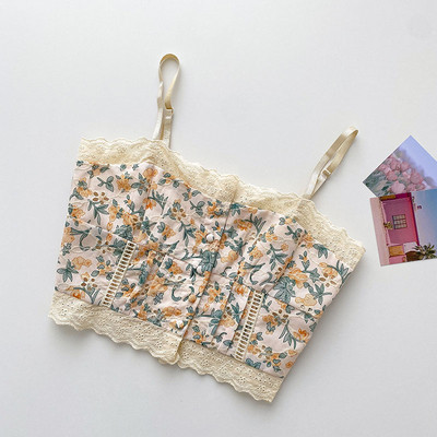 Lillemotiivide ja õhukeste rihmadega lühike naiste topp