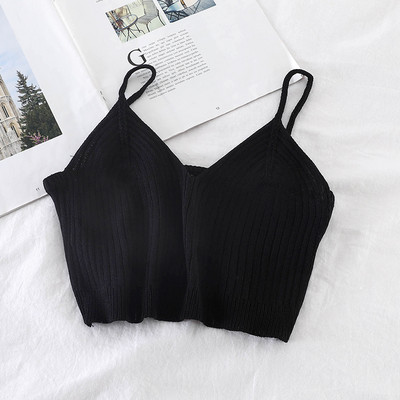 Lühike naiste kootud topp õhukeste rihmade ja spitsikaelusega