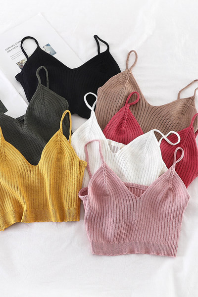 Lühike naiste kootud topp õhukeste rihmade ja spitsikaelusega