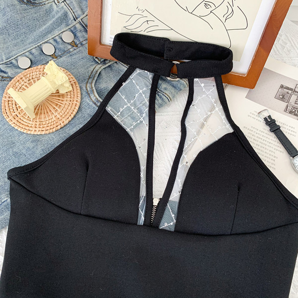 Moodne naiste topp spits-kaelusega ja tõmblukuga