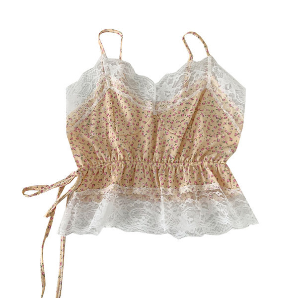 Μοντέρνα γυναικεία αμάνικη μπλούζα με λουλουδάτο μοτίβο και δαντέλα