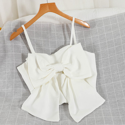 Летен дамски топ с тънки презрамки и панделка