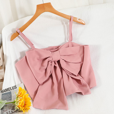 Летен дамски топ с тънки презрамки и панделка