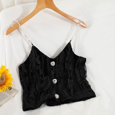 Γυναικεία βελούδινη αμάνικη μπλούζα με διακοσμημένα κουμπιά και τιράντες από πέρλες