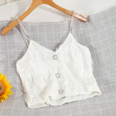 Γυναικεία βελούδινη αμάνικη μπλούζα με διακοσμημένα κουμπιά και τιράντες από πέρλες