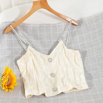 Γυναικεία βελούδινη αμάνικη μπλούζα με διακοσμημένα κουμπιά και τιράντες από πέρλες
