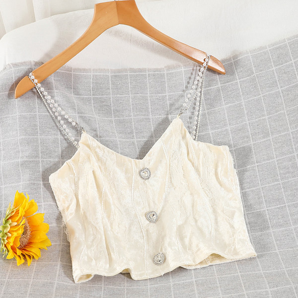 Γυναικεία βελούδινη αμάνικη μπλούζα με διακοσμημένα κουμπιά και τιράντες από πέρλες