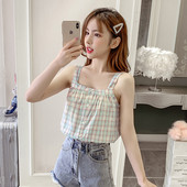 Γυναικεία καρό αμάνικο μπλουζάκι με λεπτούς ιμάντες και κουμπιά