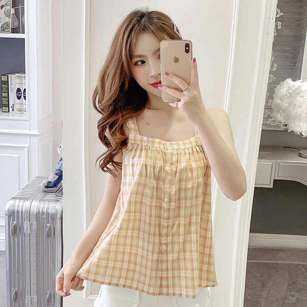 Γυναικεία καρό αμάνικο μπλουζάκι με λεπτούς ιμάντες και κουμπιά