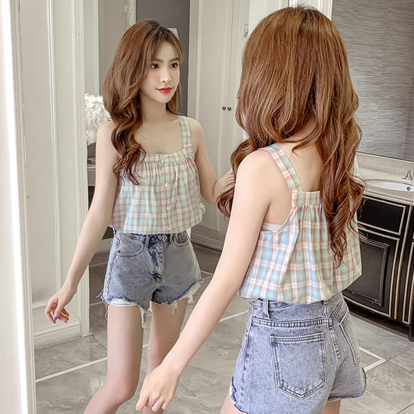 Γυναικεία καρό αμάνικο μπλουζάκι με λεπτούς ιμάντες και κουμπιά