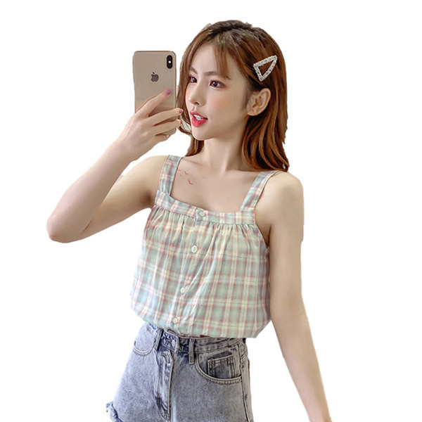 Γυναικεία καρό αμάνικο μπλουζάκι με λεπτούς ιμάντες και κουμπιά