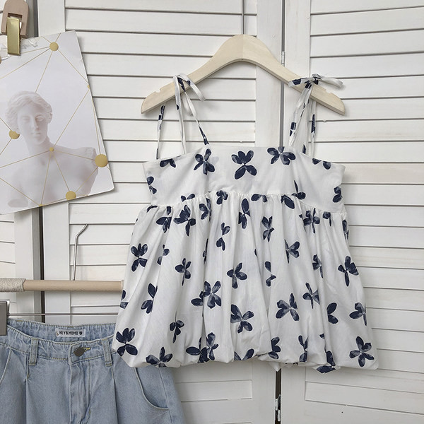 Γυναικεία φαρδιά αμάνικη  μπλούζα με λεπτούς ιμάντες και λουλούδια μοτίβα