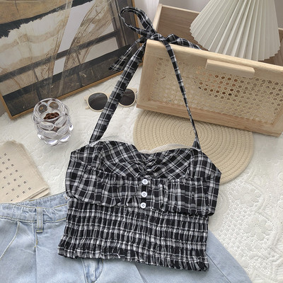 Γυναικεία αμάνικη μπλούζα καρό με κορδόνια