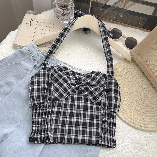 Γυναικεία αμάνικη μπλούζα καρό με κορδόνια