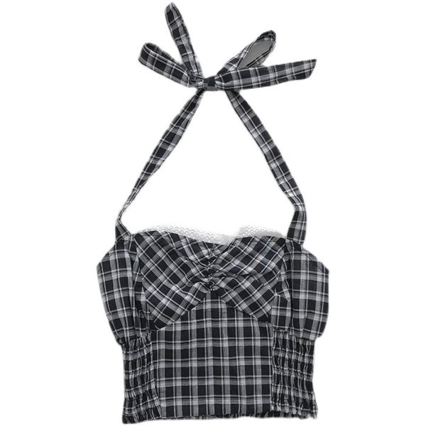 Γυναικεία αμάνικη μπλούζα καρό με κορδόνια