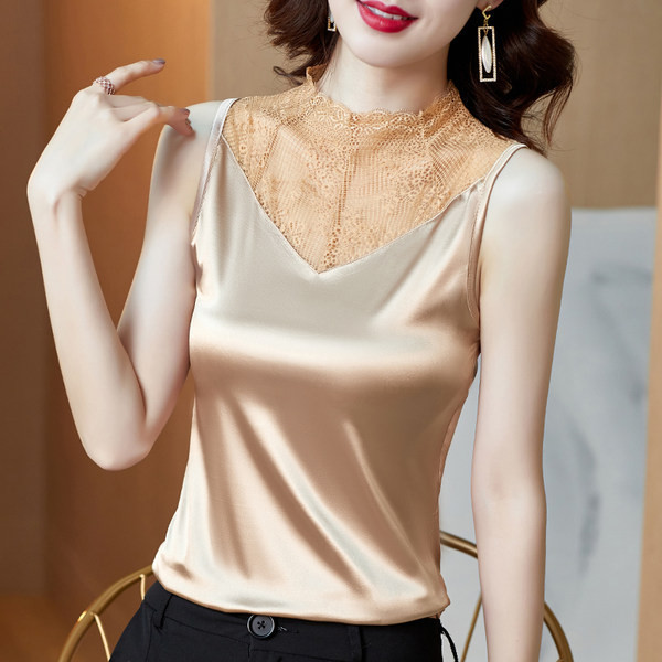 Ženska elegantna satenska majica bez rukava s čipkom